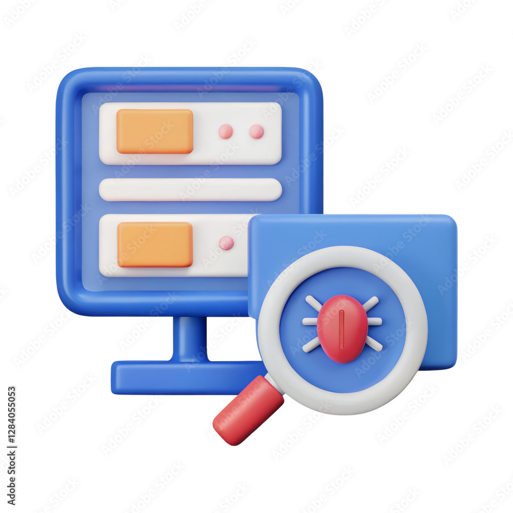 Poster a colorful 3d representation of a computer monitor and a magnifying glass, symbolizing data analysis