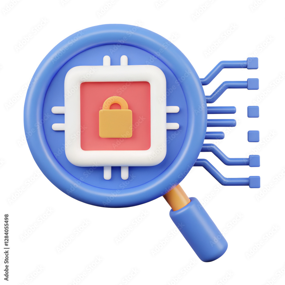 Poster a magnifying glass over a microchip with a padlock symbol, representing cybersecurity and data prote