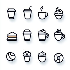 This assortment of minimalist line icons showcases a variety of beverages, desserts, and recreational items. Ideal for use in digital designs, menus, or marketing materials