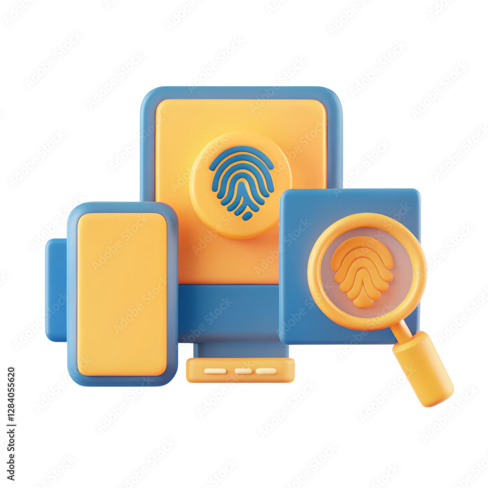 Poster a colorful representation of digital devices featuring fingerprint icons and a magnifying glass.