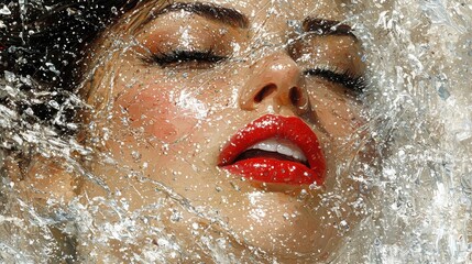 Fototapeta premium An enigmatic woman with striking red lips captivated by the enveloping water around her