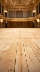 The spacious wooden floor of a grand performance hall is illuminated, highlighting the rich textures of the wood and the intricate architectural details in the background