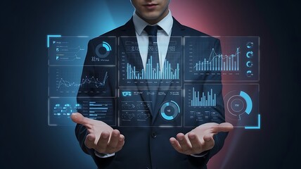 Businessman holds data-driven tech insights. Modern digital graphs, numbers float in hands. Informed business strategies, data management. Tech, analytics concepts. Decision making process presented
