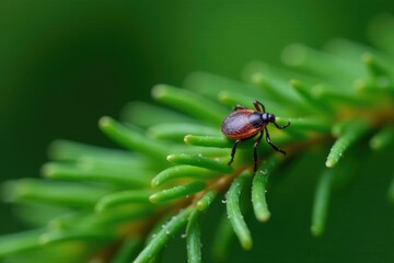 Naklejka premium Small dark brown tick on a spruce needle with veins, wildlife, insect, fauna