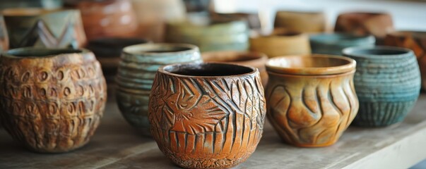 Naklejka premium Assorted handcrafted ceramic cups with intricate designs on display in artisan workshop