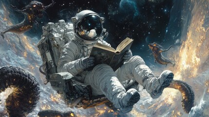 In space, an astronaut calmly reads a book, surrounded by alien creatures. The image captures the futuristic idea of space travel and peaceful coexistence with the unknown