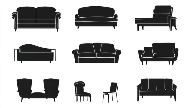 Sofa, chair, chaise lounge silhouettes; furniture design icons; home decor