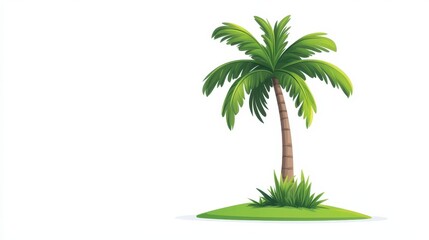 Obraz premium A vibrant palm tree stands tall on a small patch of grass. The background is bright and clear, creating a cheerful atmosphere typical of tropical locations