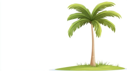 A tall palm tree rises from the center of a lush green island, surrounded by tranquil blue water. The clear sky creates a serene atmosphere, perfect for relaxation