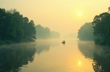 Tranquil sunrise over misty river with lone fisherman in boat