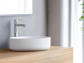 Fototapeta premium A stylish bowl sink rests on a minimalist wooden countertop in a contemporary bathroom. Natural light streams in, enhancing the clean lines and simple elegance of the space