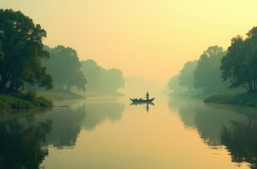 Serene morning on river with fisherman in boat amid misty forest reflections