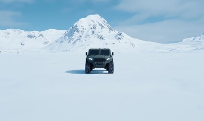 A rugged off-road vehicle navigates a vast expanse of snow in a mountainous region under a clear blue sky. The snowy peaks create a stunning backdrop for the adventure