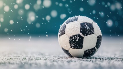 Fototapeta premium Soccer Ball on Snowy Ground with Soft Snowflakes Falling Down