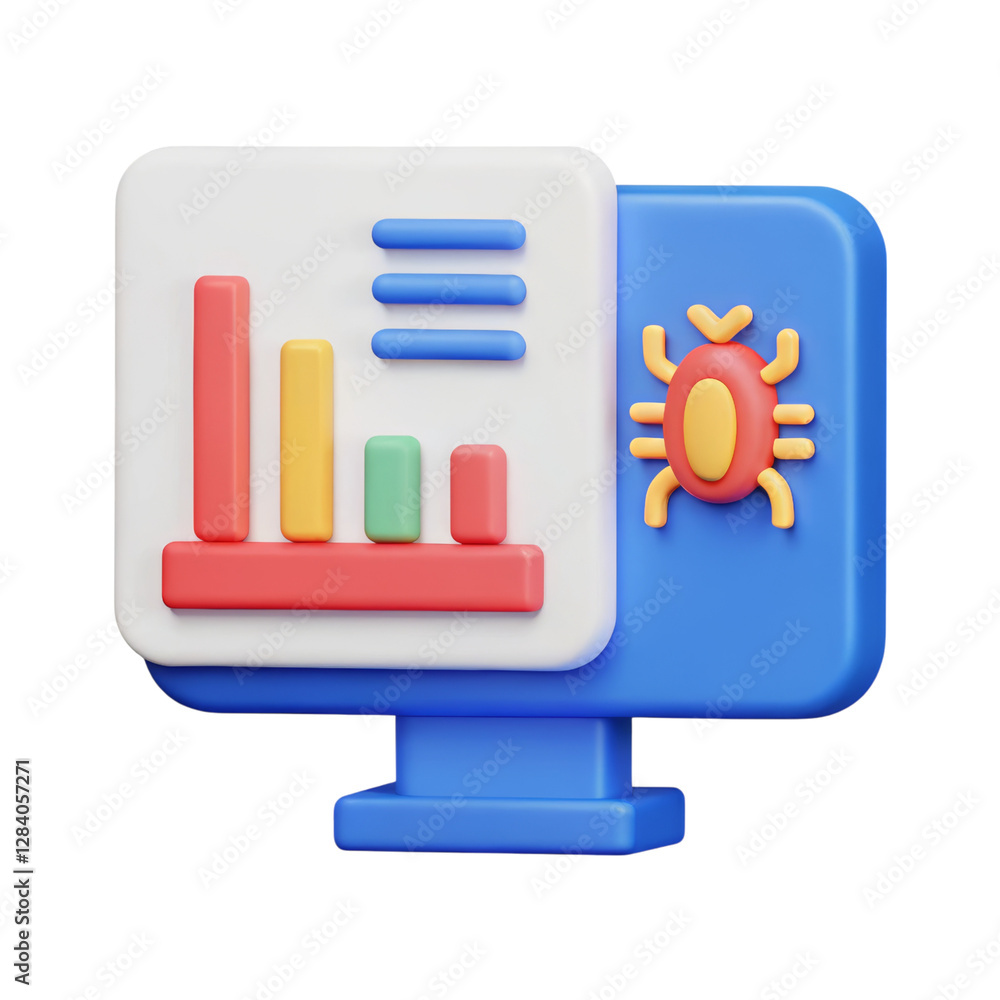 Poster a colorful computer icon featuring a bar chart and a bug symbol, representing data analysis and debu