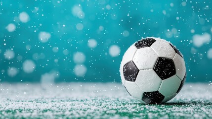 Naklejka premium Snowy Soccer Ball on Field with Soft Snowflakes Falling Down