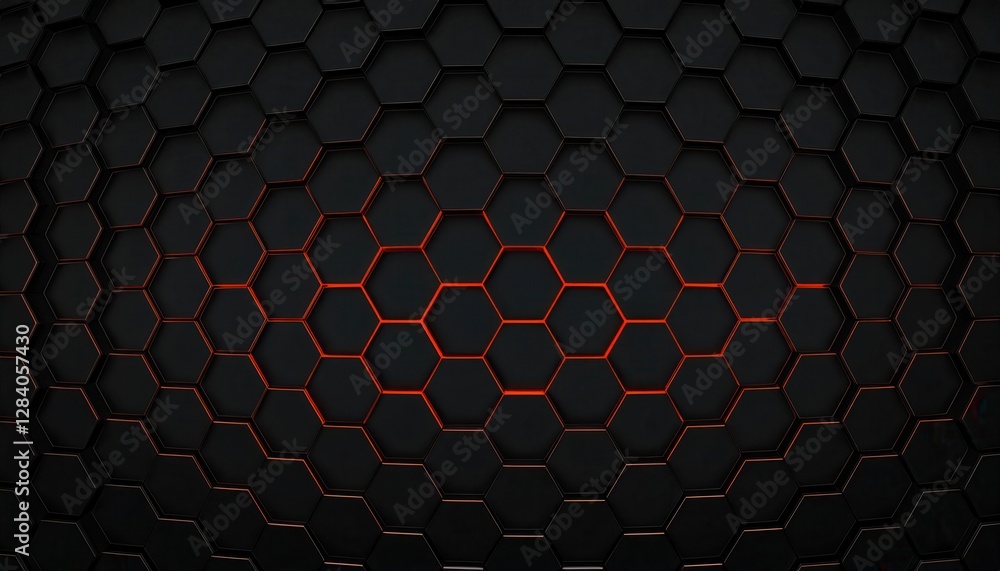 Aufkleber futuristic hexagonal grid with glowing red elements, dark geometric background with 3d depth effect, perfect for tech designs