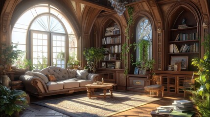 Obraz premium Beautiful living room with lots of light and a cozy feel, created using 3D software.