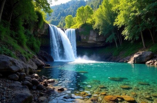Majestic waterfall cascading into turquoise pool surrounded by lush greenery and rocky shore