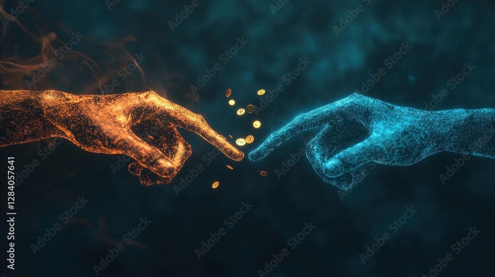 Poster artistic representation of connection between two digital hands