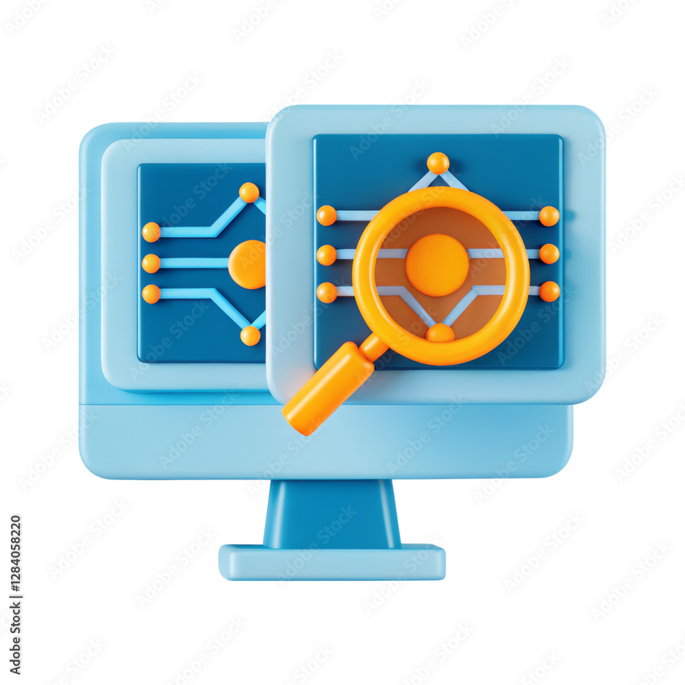 Poster a stylized computer monitor displaying a circuit design and a magnifying glass, symbolizing analysis