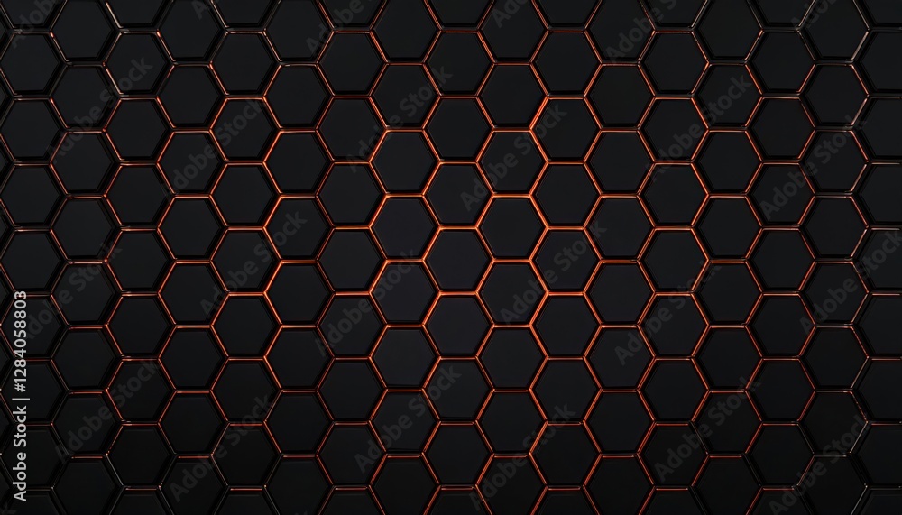 Poster futuristic hexagonal grid with glowing red elements, dark geometric background with 3d depth effect, perfect for tech designs