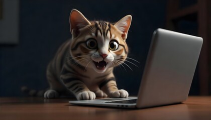 A cat stares at a laptop screen in shock and despair. Laptop and cat on the table.