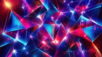 Abstract glowing crystal pyramids, vibrant colors, dark background, digital art, ideal for tech or design