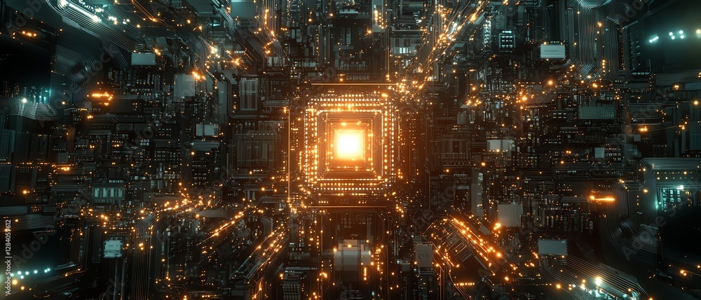 Poster ai processor glowing with intense light on a sophisticated circuit board
