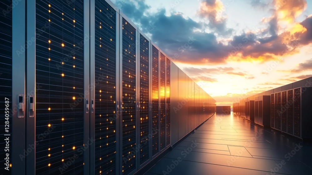 Poster a data center corridor illuminated by servers, bathed in warm sunset light, creating a serene yet hi