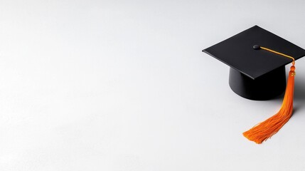 A classic black graduation cap with an orange tassel on a simple white background.