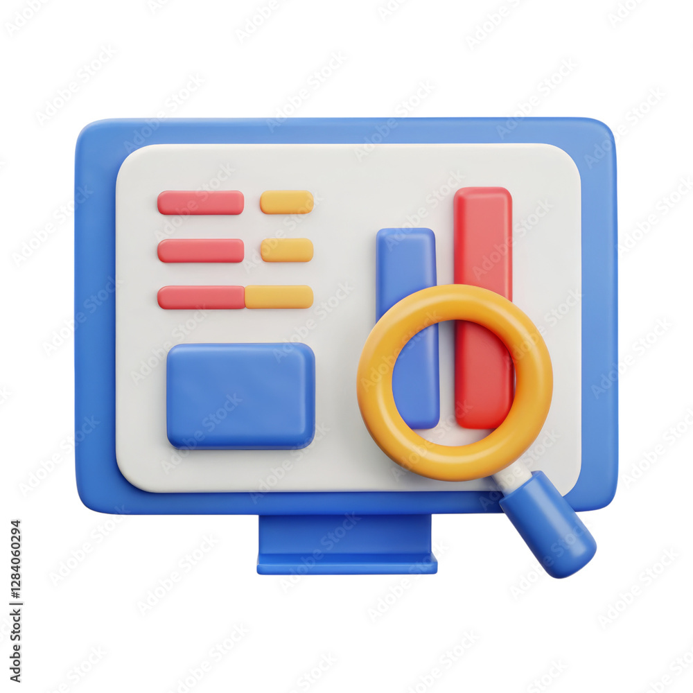 Poster a colorful, stylized representation of a computer screen displaying various charts and a magnifying 