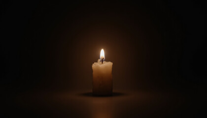 flickering candle flame dances softly, creating warm, vulnerable glow in dark surrounding space