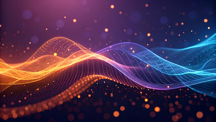 Fototapeta premium Abstract gradient particle waves with soft purple light, glowing bokeh, and dynamic orange and blue digital flow.