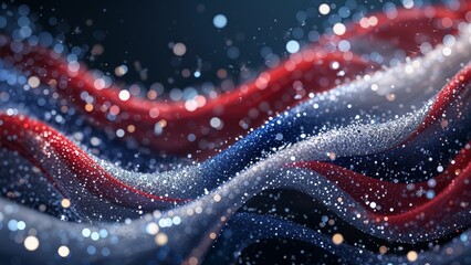 Abstract bokeh patriotic background with red, blue, silver wavy lines, shining sparkling silver glitter; 4th of July wallpaper; American flag background for special events 