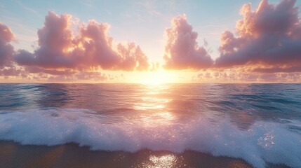 Fototapeta premium Ocean sunrise with vibrant cloudscape, tranquil waves on beach