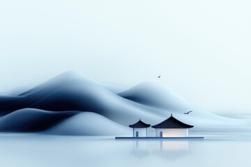 Tranquil Mountainous Landscape with Buildings and Flying Birds