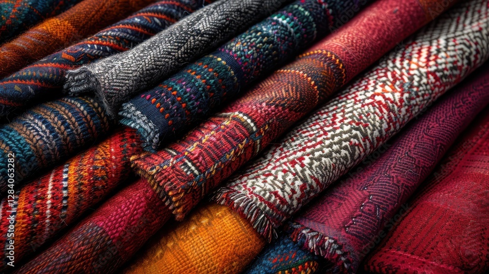 Poster vibrant textiles display of colorful fabrics in rich patterns and textures for creative design proje