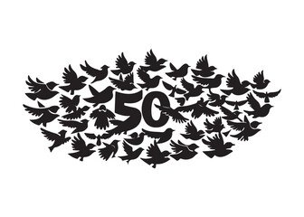 Fototapeta premium Black birds flying, flock of birds, 50th anniversary icon, silhouette birds