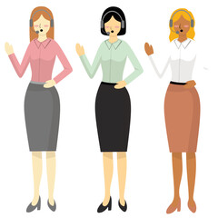 Obraz premium Set of customer service agent wearing headsets vector illustration. Customer support center. Operator service icons concept