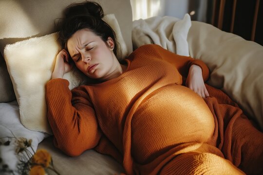 Pregnant woman lying on couch, looking uncomfortable and tired 