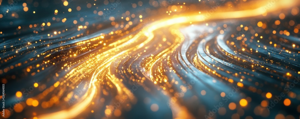 Poster glowing golden particles stream on dark background creating abstract light path