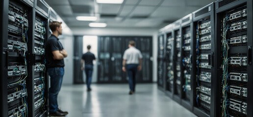 Data center server room with network cables and blurred technician in background