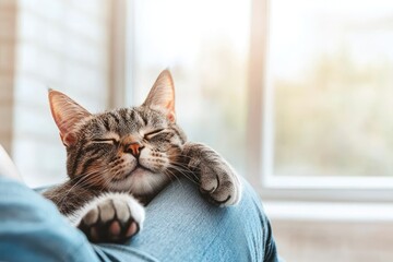 A cozy tabby cat peacefully rests on a person's lap, basking in soft sunlight near a window, embodying comfort and relaxation.