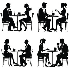 Silhouette of a Businessman and Businesswoman Engaged in Conversation at a Café Meeting
