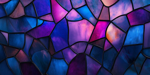 Vibrant abstract stained glass art with rich blue and purple hues