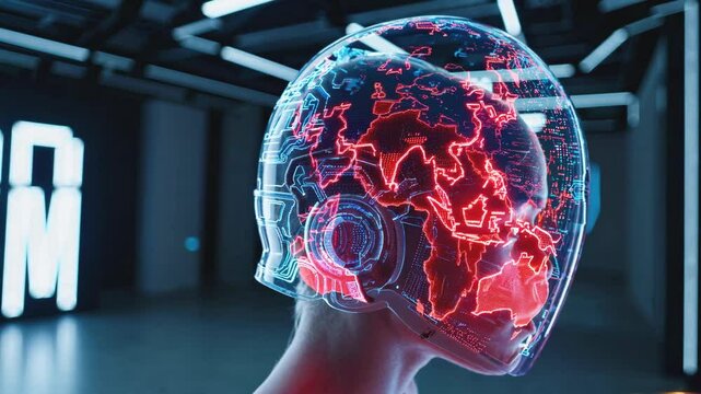 Neon-illuminated virtual interface maps glow through transparent visor. Advanced holographic technology projects global visualization in darkened industrial setting. Static profile composition.