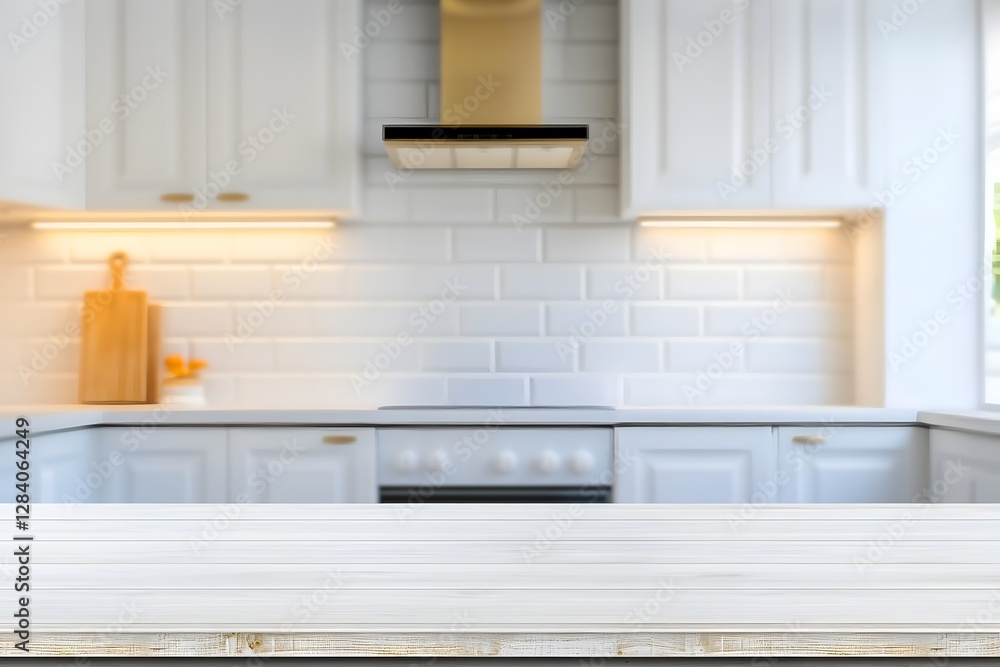 Poster blurred background of kitchen room with focus on empty table perfect for product display