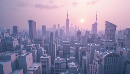 Urban Cityscape at Sunset with Soft Light and Skyline View of Modern Architecture and Tall Buildings