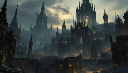 Fototapeta premium Gothic cityscape with towering spires emerges from a misty veil
